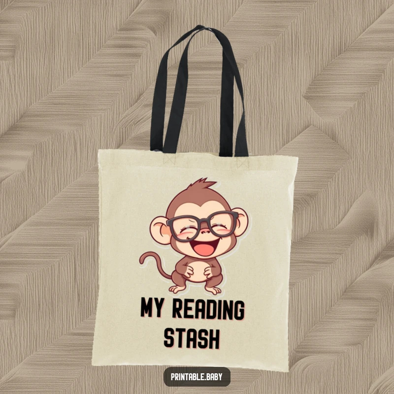Funny monkey tote bag, mischievous primate giggling behind oversized spectacles, a smart and humorous accessory.