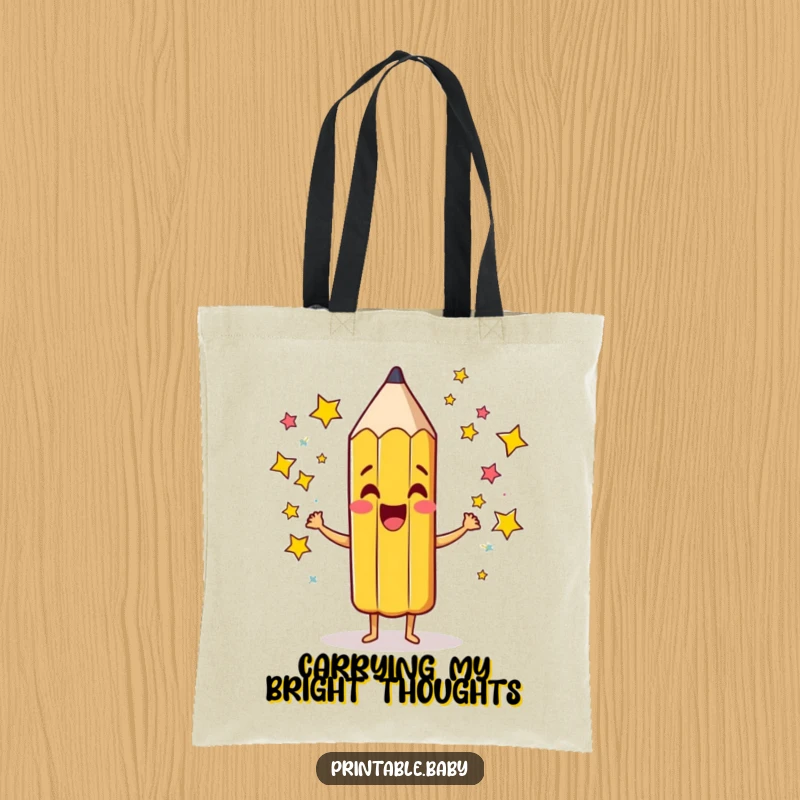 Funny Pencil Tote Bag: Spacious tote featuring a giddy pencil character scribbling colorful stars, perfect for students and creative individuals.
