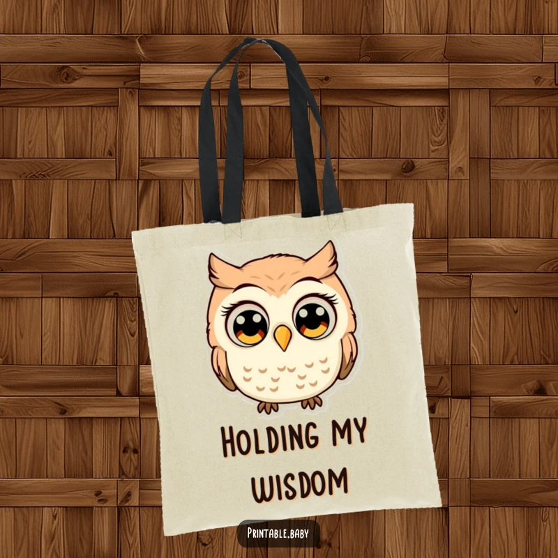 Funny owl with comically large, wide eyes, looking startled, a humorous tote bag for carrying surprises.