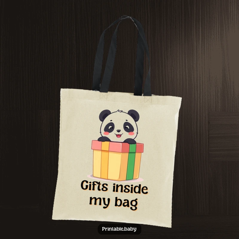 Funny tote bag featuring a cheerful panda bear popping out of a large gift box, ideal for carrying daily essentials with flair.