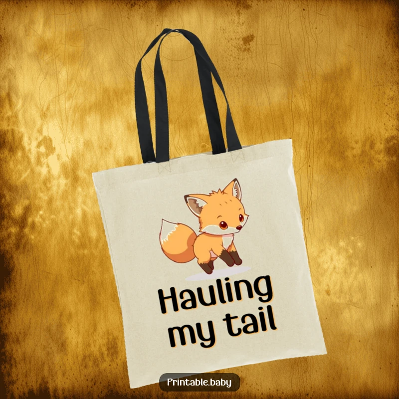 Funny fox cub tote bag, playful animal chasing its tail, humorous and practical accessory for everyday use.