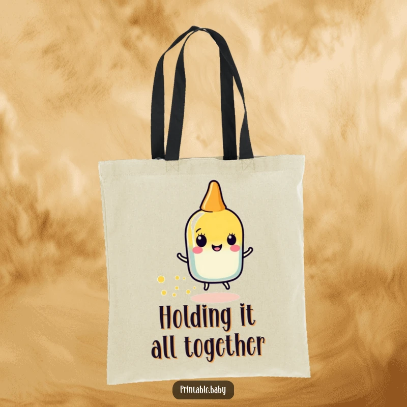 Funny glue stick sparkle tote bag with a happy glue stick character leaving a trail of sparkly dots, ideal for carrying craft supplies.