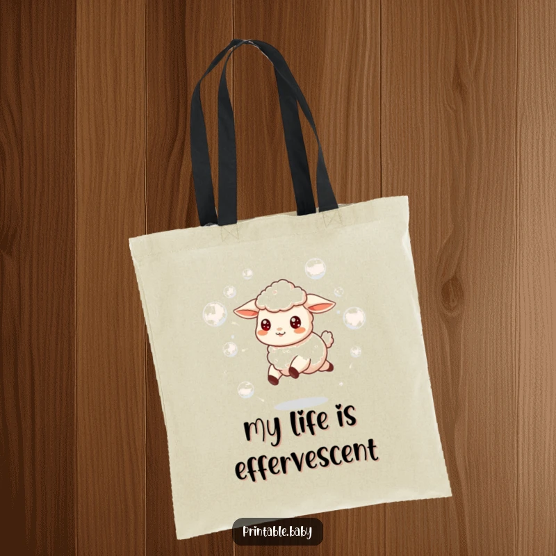 Funny tote bag with a cheerful lamb skipping, surrounded by a whimsical cascade of floating bubbles, perfect for shoppers.