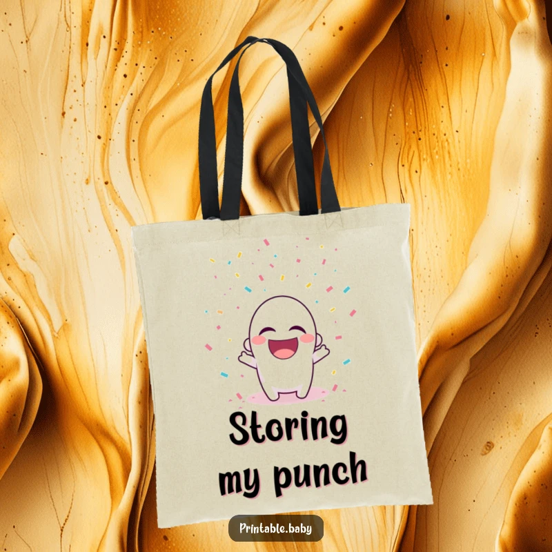 Funny tote bag with a playful hole punch character laughing amidst falling confetti.